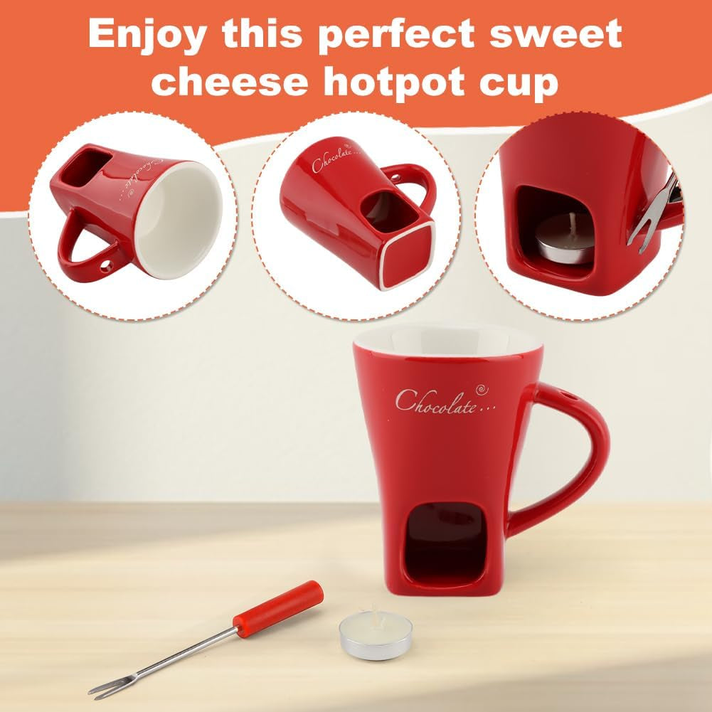 Chocolate Fondue Cup,Chocolate Fondue Mug with Fork and Candle,Ceramic Chocolate Melting Cup for Birthday Date Night Birthday Wedding Gifts (Red)