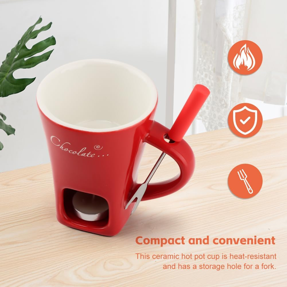 Chocolate Fondue Cup,Chocolate Fondue Mug with Fork and Candle,Ceramic Chocolate Melting Cup for Birthday Date Night Birthday Wedding Gifts (Red)