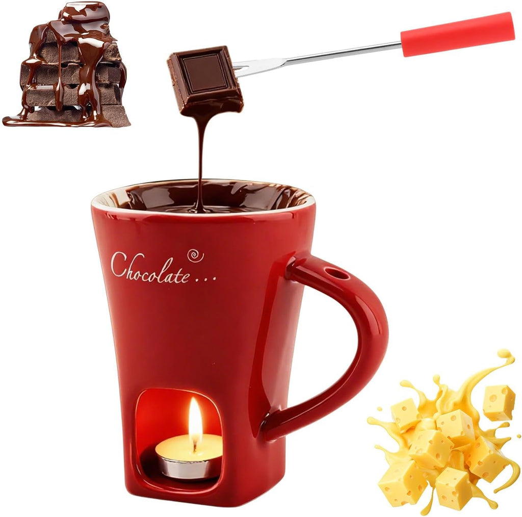 Chocolate Fondue Cup,Chocolate Fondue Mug with Fork and Candle,Ceramic Chocolate Melting Cup for Birthday Date Night Birthday Wedding Gifts (Red)