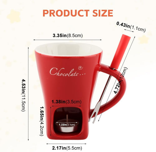Chocolate Fondue Cup,Chocolate Fondue Mug with Fork and Candle,Ceramic Chocolate Melting Cup for Birthday Date Night Birthday Wedding Gifts (Red)