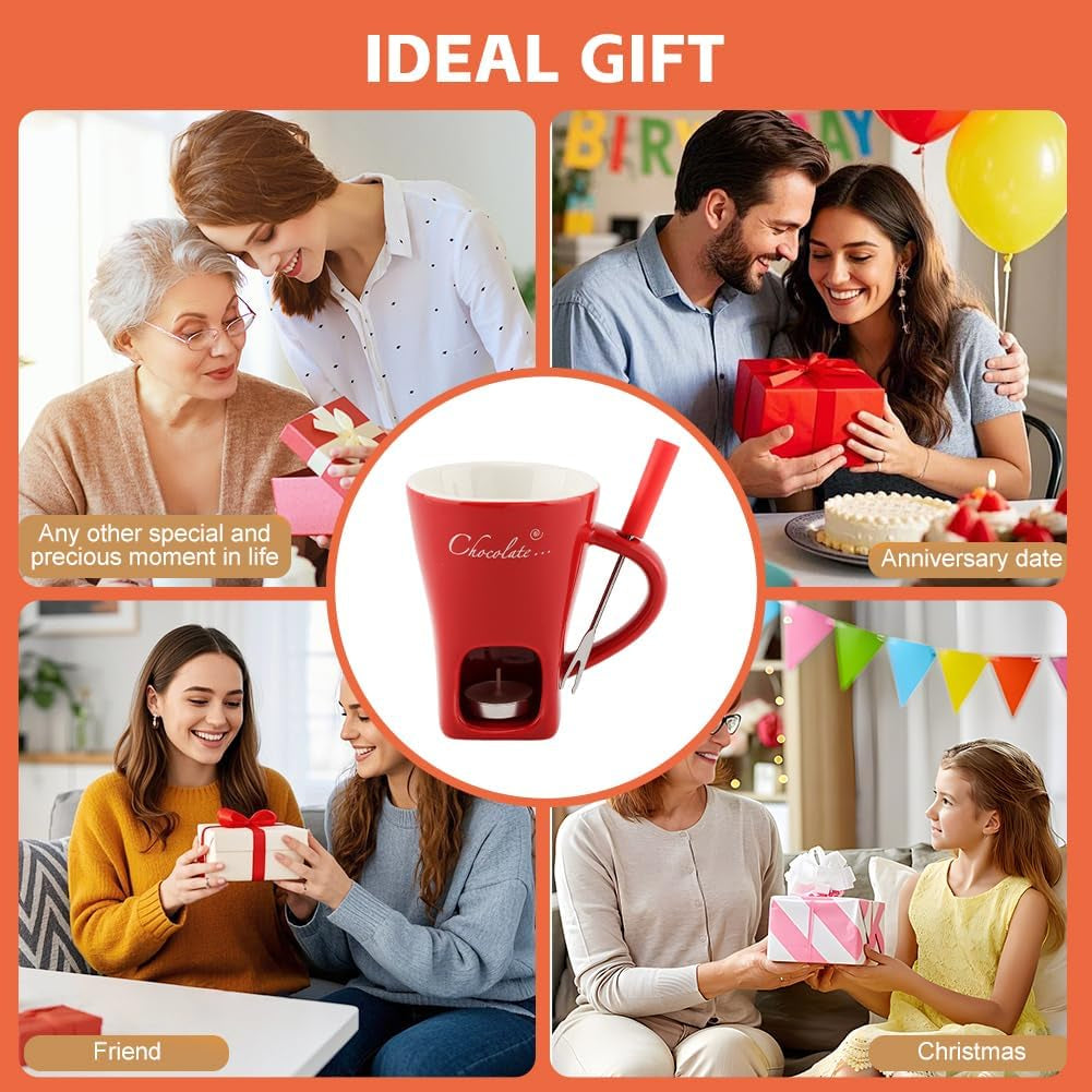 Chocolate Fondue Cup,Chocolate Fondue Mug with Fork and Candle,Ceramic Chocolate Melting Cup for Birthday Date Night Birthday Wedding Gifts (Red)