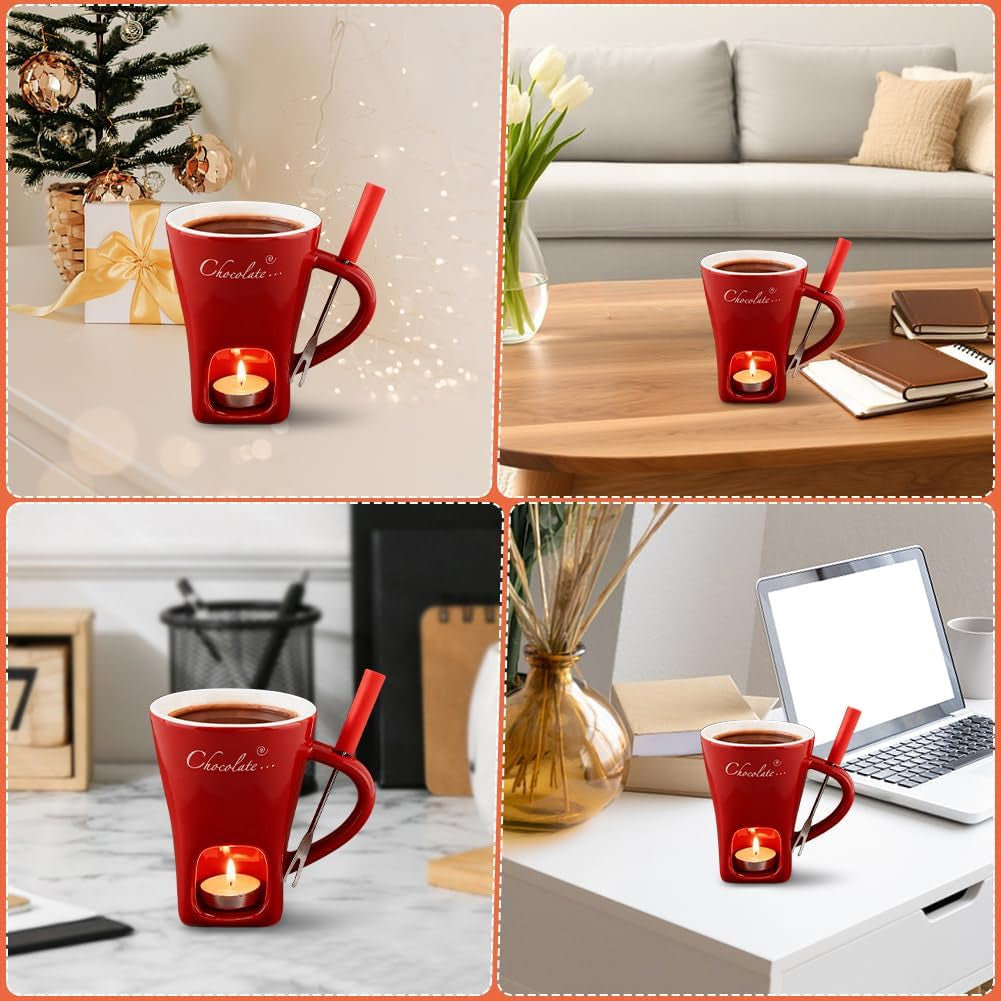 Chocolate Fondue Cup,Chocolate Fondue Mug with Fork and Candle,Ceramic Chocolate Melting Cup for Birthday Date Night Birthday Wedding Gifts (Red)