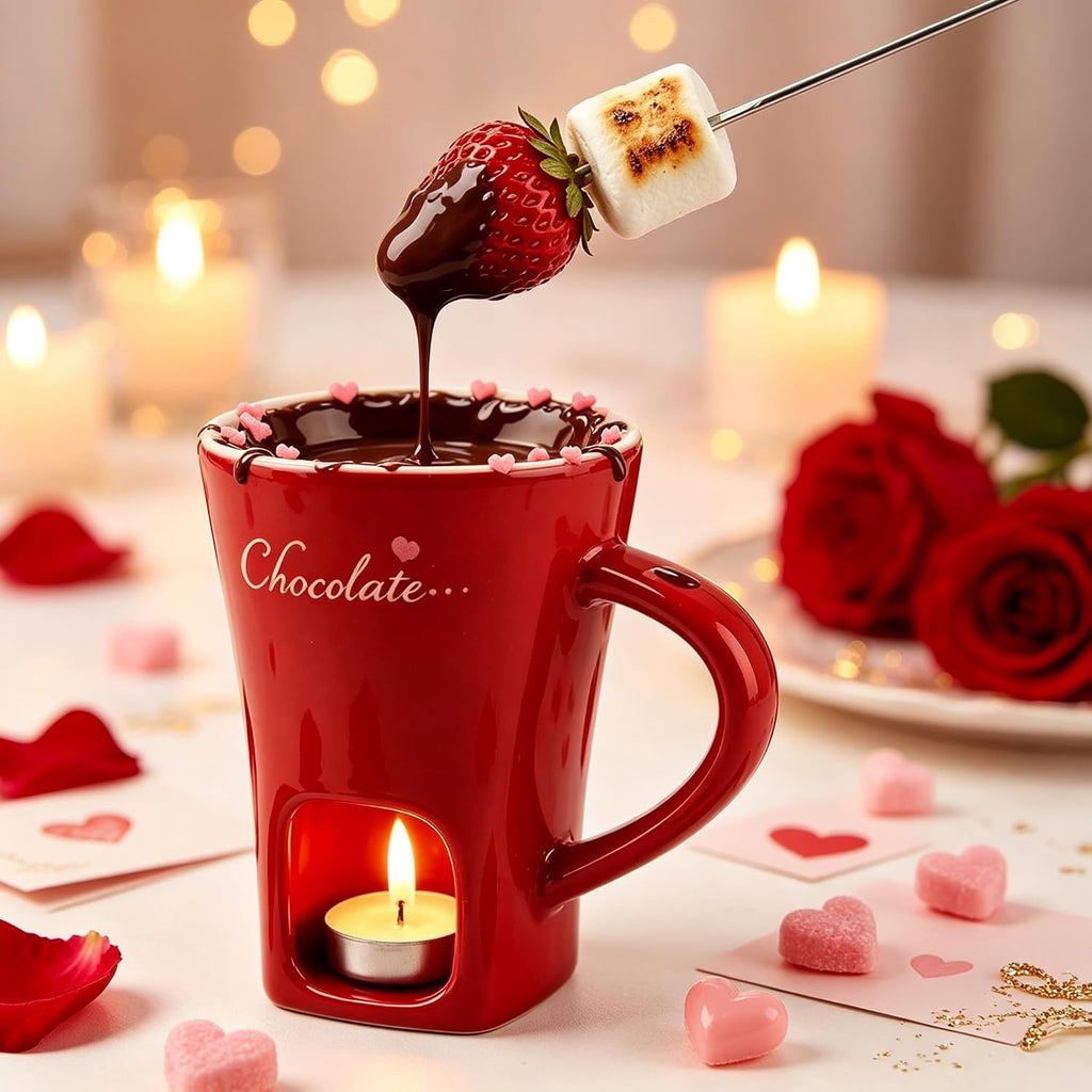 Chocolate Fondue Cup,Chocolate Fondue Mug with Fork and Candle,Ceramic Chocolate Melting Cup for Birthday Date Night Birthday Wedding Gifts (Red)