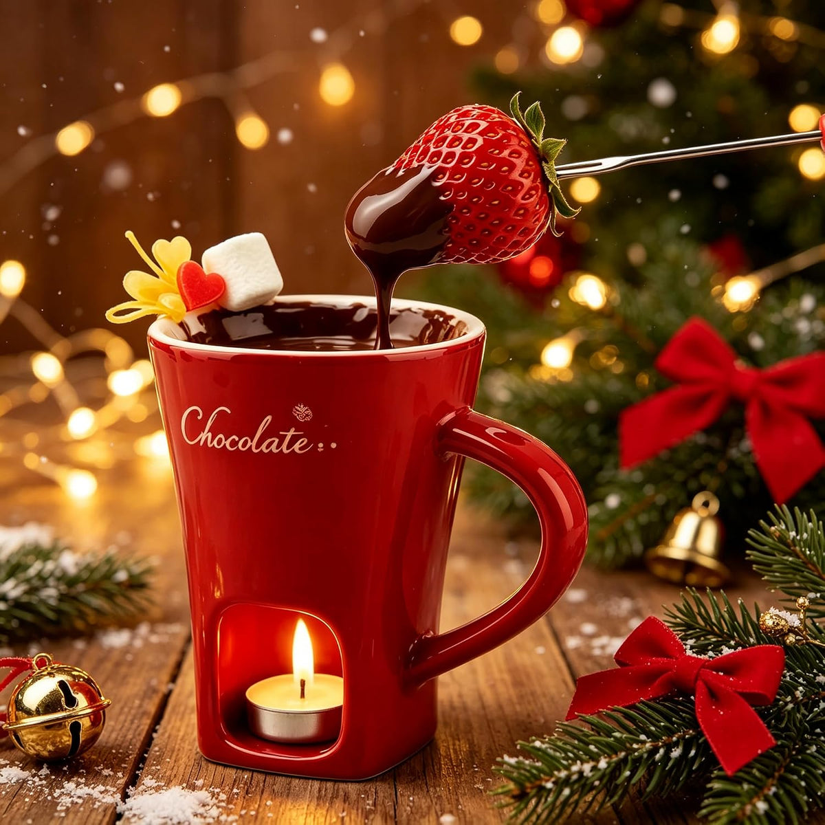 Chocolate Fondue Cup,Chocolate Fondue Mug with Fork and Candle,Ceramic Chocolate Melting Cup for Birthday Date Night Birthday Wedding Gifts (Red)